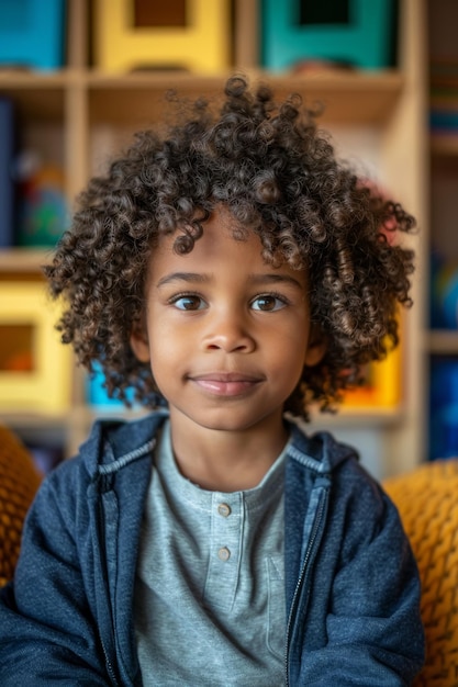 un mignon garçon noir avec des cheveux bouclés luagging en regardant la caméra dans la salle de jeu à la maison Concept de l'innocence dans l'enfance
