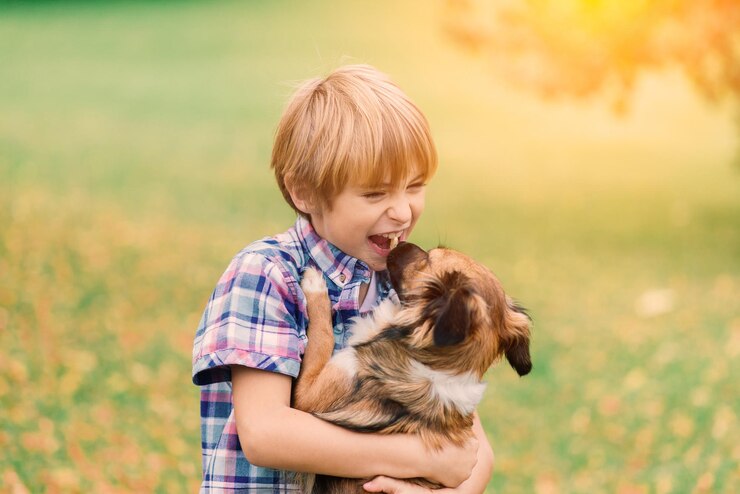 Photo un mignon garçon qui joue et marche avec son chien dans une prairie.