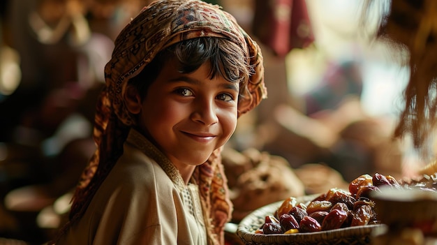 Un mignon garçon souriant et des dattes derrière le fruit