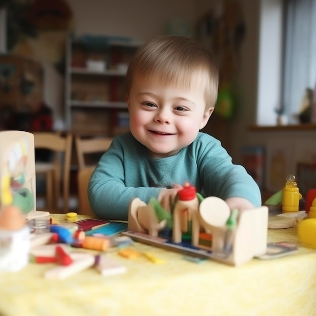 Un mignon garçon avec le syndrome de Down joue avec des jouets alors qu'il est assis à la table.