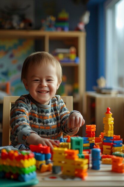 Un mignon garçon avec le syndrome de Down joue avec des jouets alors qu'il est assis à la table.