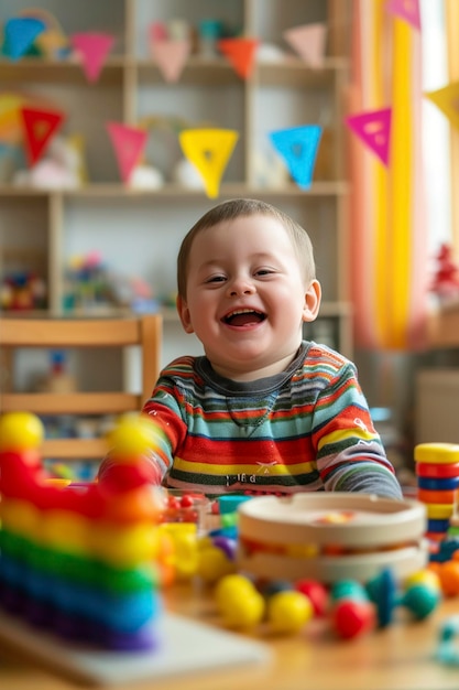 Un mignon garçon avec le syndrome de Down joue avec des jouets alors qu'il est assis à la table.