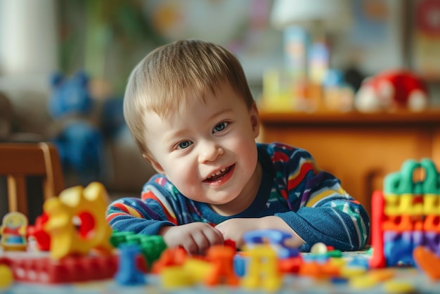 Un mignon garçon avec le syndrome de Down joue avec des jouets alors qu'il est assis à la table.
