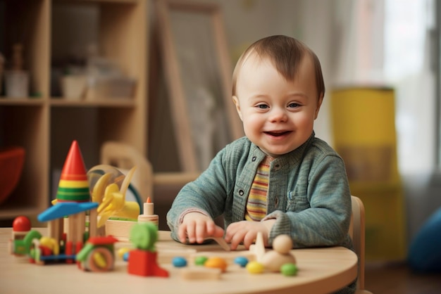 Un mignon garçon avec le syndrome de Down joue avec des jouets alors qu'il est assis à la table.