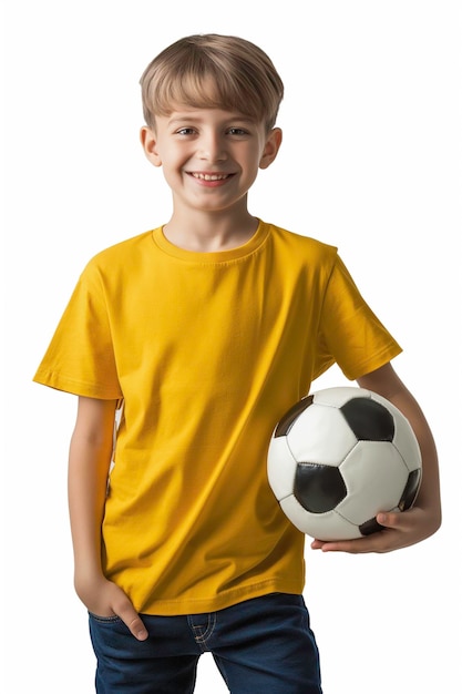 Un mignon garçon en T-shirt jaune tient un ballon de football dans ses mains posant dans le studio Concept de football