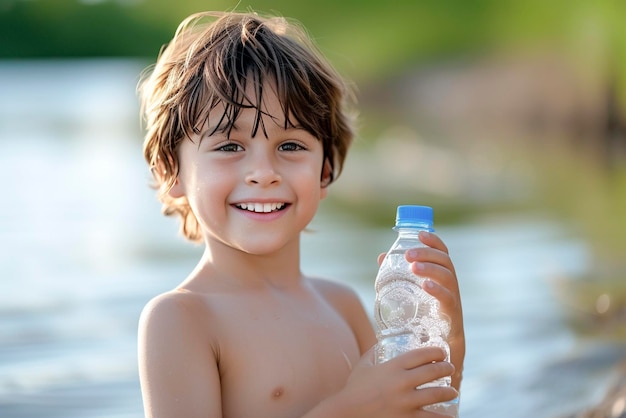 Un mignon garçon tenant une bouteille d'eau propre dans sa main.