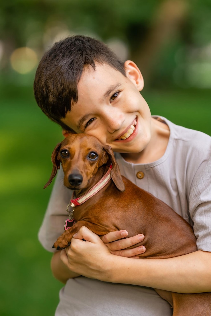 Photo un mignon garçon tient un chien dachshund dans ses bras pendant une promenade d'été