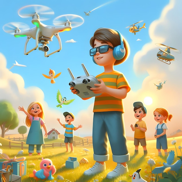 Un mignon garçon volant un drone avec d'autres enfants qui jouent en arrière-plan