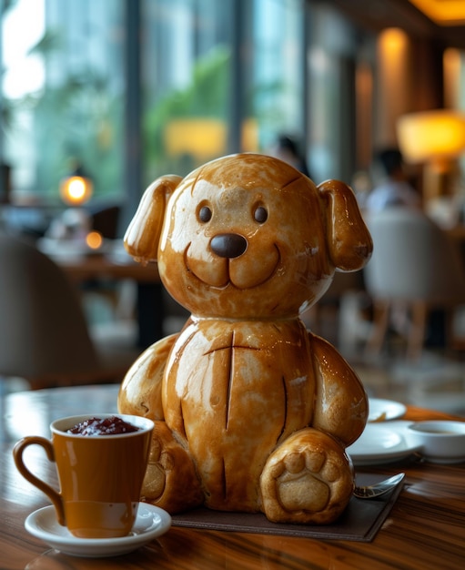 Un mignon gâteau en forme de chien et une tasse de café sur la table du café.