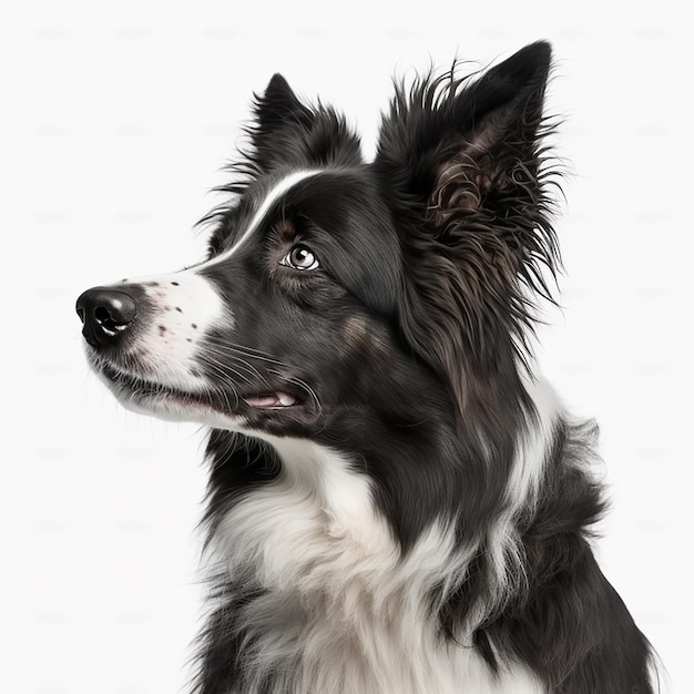 Mignon gentil chien race border collie isolé sur blanc portrait gros plan beau chien moelleux pour animaux de compagnie