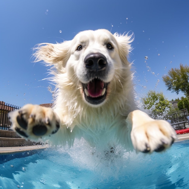 Mignon grand chien des Pyrénées sautant de l'eau de la piscine fond d'écran AI Art généré