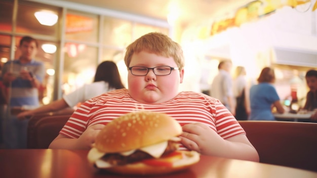 Mignon gros garçon heureux de 7 ans avec un hamburger au café