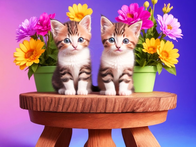 Photo un mignon groupe de chatons se reposant sur un stand de fleurs en bois