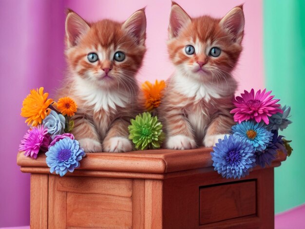 Photo un mignon groupe de chatons se reposant sur un stand de fleurs en bois