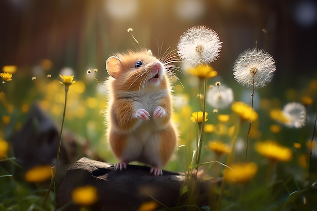 Un mignon hamster sauvage jouant sur une prairie en fleurs appréciant le beau pissenlit le matin