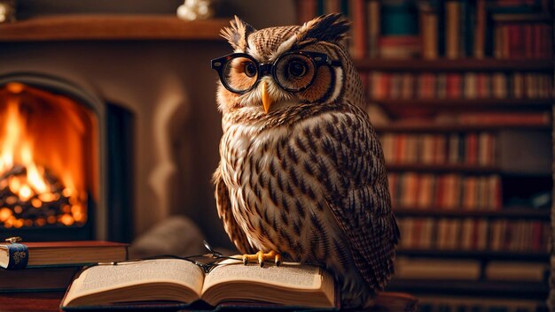 Un mignon hibou de dessin animé avec un livre