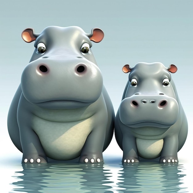 Mignon hippopotame 3D maman et petit debout sur les reflets de l'eau