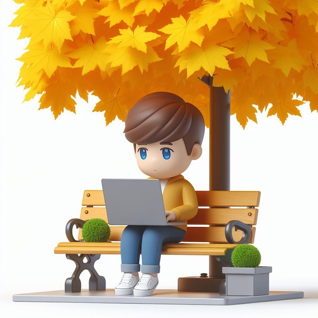 Un mignon homme en 3D tapant un ordinateur portable sous un arbre.