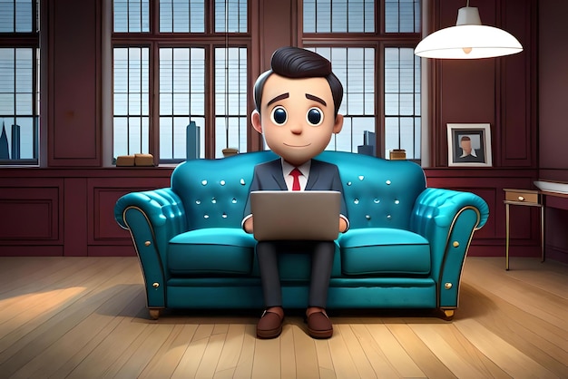 un mignon homme d'affaires travaillant avec un ordinateur portable sur le canapé et ayant une bonne idée d'illustration 3D de personnage de dessin animé