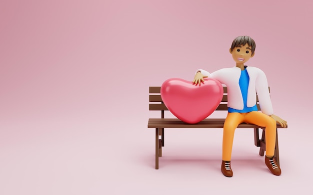 Photo mignon jeune mec amoureux de ballons en forme de coeur assis sur un banc rendu 3d