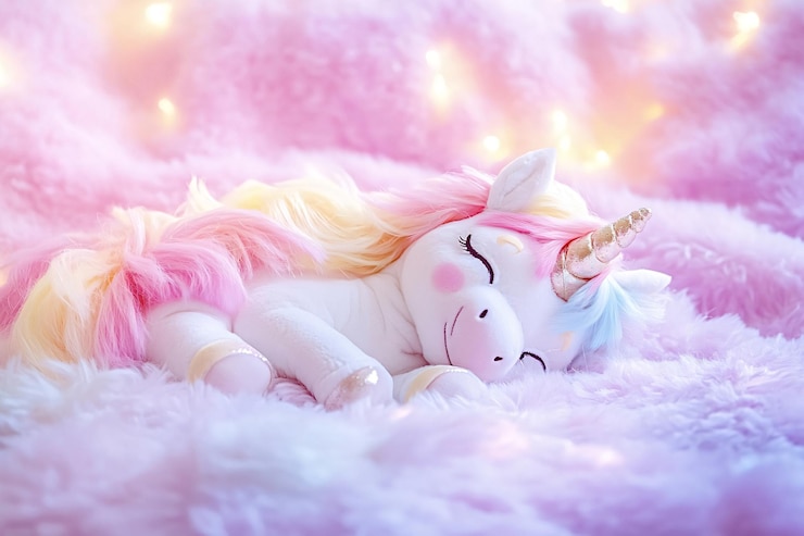 Photo un mignon jouet de peluche de licorne qui dort sur un fond de fourrure rose