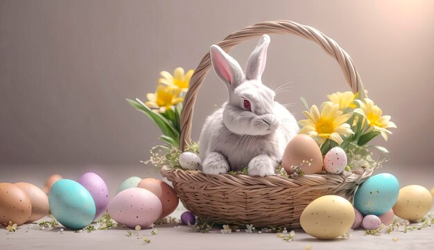 Un mignon et joyeux lapin de Pâques est assis dans un panier avec des œufs de Pâque et des bonbons.