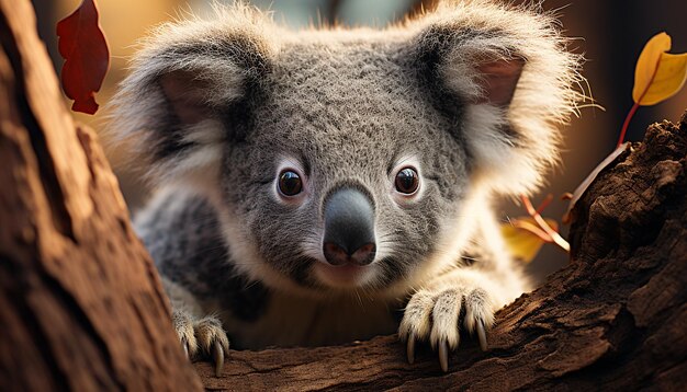 Un mignon koala assis sur une branche regardant une caméra dans la nature générée par l'IA