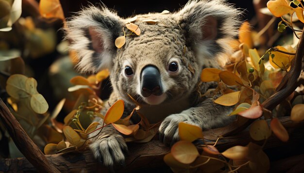 Un mignon koala assis sur une branche regardant la caméra générée par l'intelligence artificielle