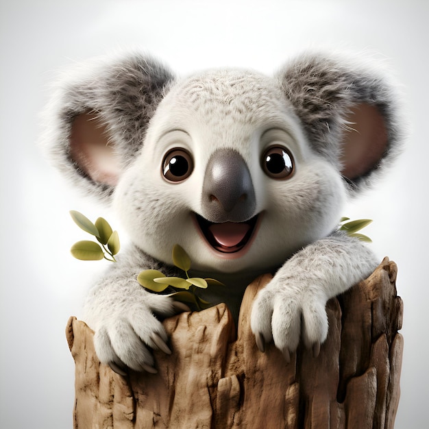 Un mignon koala avec une branche d'eucalyptus sur un fond blanc