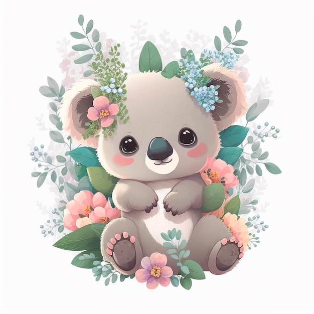 Un mignon koala avec des fleurs sur la tête.