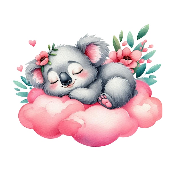 Un mignon koala qui dort sur un nuage Illustration à l'aquarelle