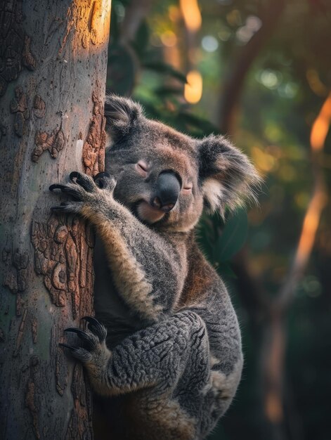 Un mignon koala regarde derrière les feuilles d'eucalyptus tout en s'accrochant à un arbre contre un fond doux éclairé par le soleil dans son habitat naturel.