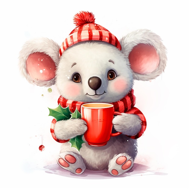 Un mignon Koala avec une tasse de café profitant de Noël