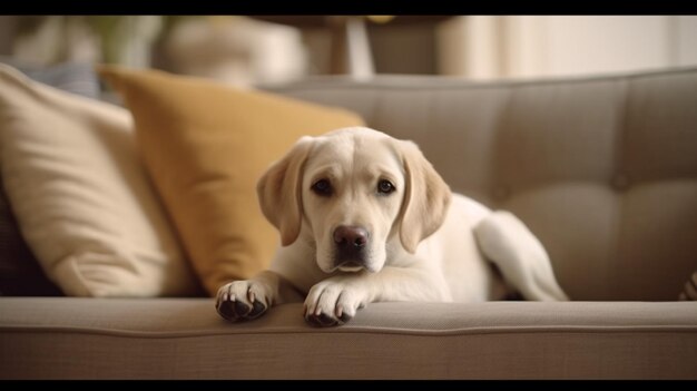 Mignon Labrador Retriever moelleux allongé sur un canapé à la maison Generative Ai