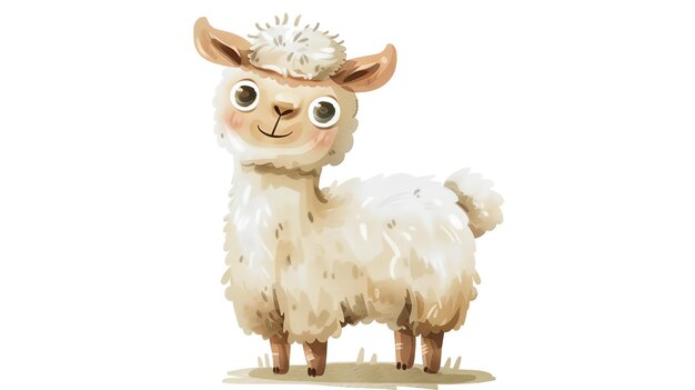 Un mignon lama de dessin animé avec de grands yeux et un pelage moelleux Le lama se tient sur un patch d'herbe et regarde le spectateur avec une expression amicale