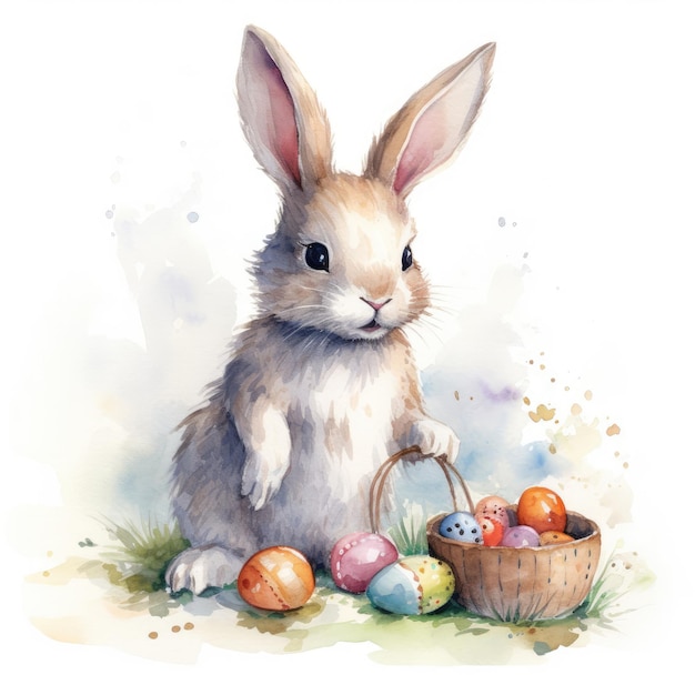 Un mignon lapin à l'aquarelle avec des œufs de Pâques pour les fêtes de Pâque