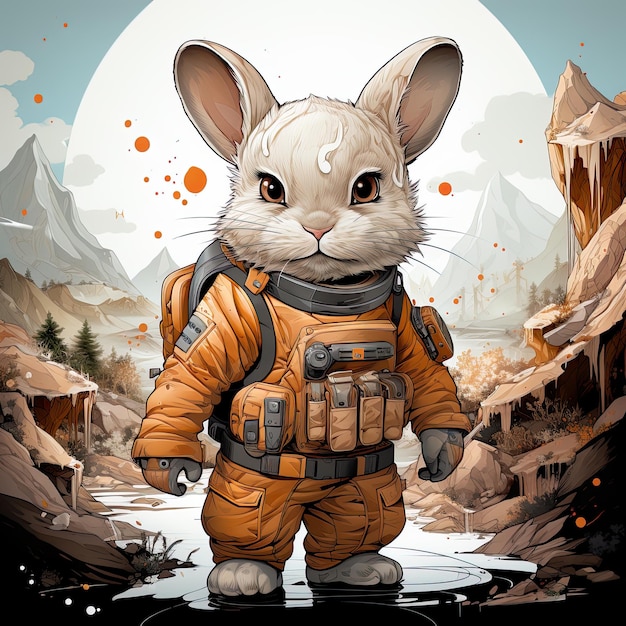 Mignon lapin astronaute un lapin en tenue spatiale dans un rocher dans le style d'illustrations très détaillées sur le thème de l'aventure Generative Ai
