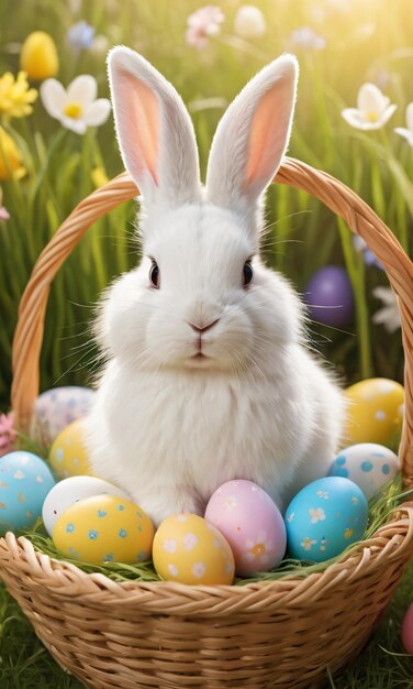 Un mignon lapin blanc est assis dans un panier en osier avec des œufs de Pâques colorés et de belles fleurs.