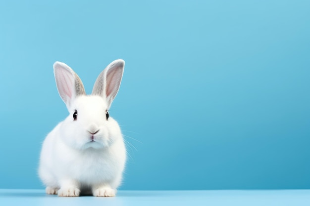 Photo un mignon lapin blanc sur fond bleu avec un espace de copie pour le texte