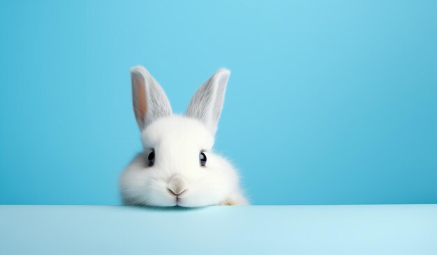 Un mignon lapin blanc sur un fond bleu