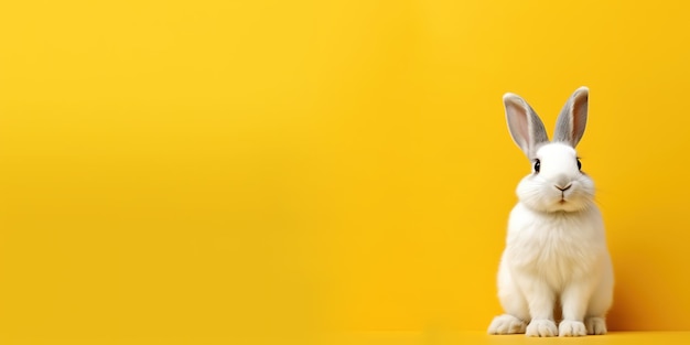 mignon lapin blanc sur fond jaune avec espace de copie pour le texte