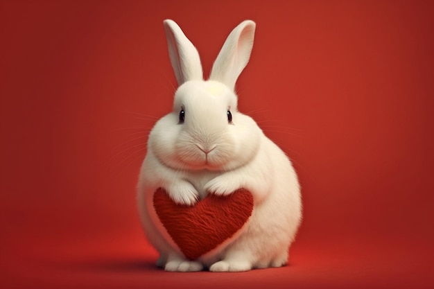 Un mignon lapin blanc sur un fond rouge tenant un cœur Générez Ai