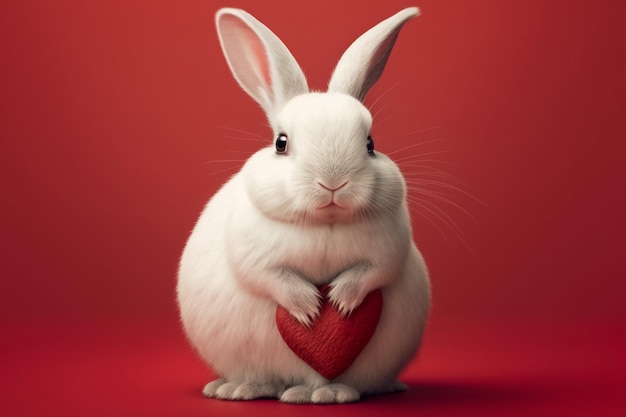 Un mignon lapin blanc sur un fond rouge tenant un cœur Générez Ai