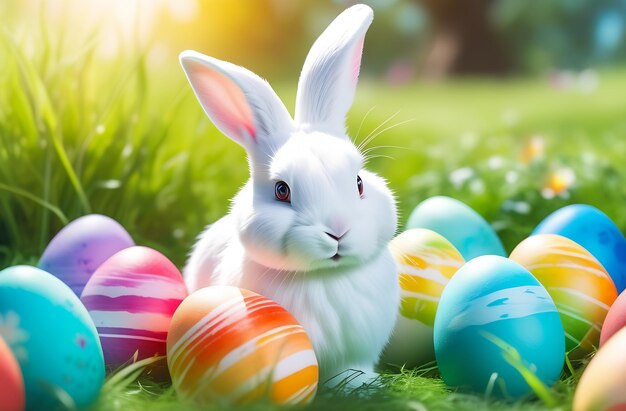 Photo un mignon lapin blanc sur l'herbe verte parmi les œufs de pâques colorés par une belle journée ensoleillée