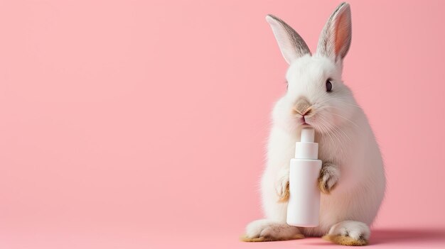 un mignon lapin blanc tenant une bouteille de cosmétiques blancs à fond rose avec un endroit pour le texte