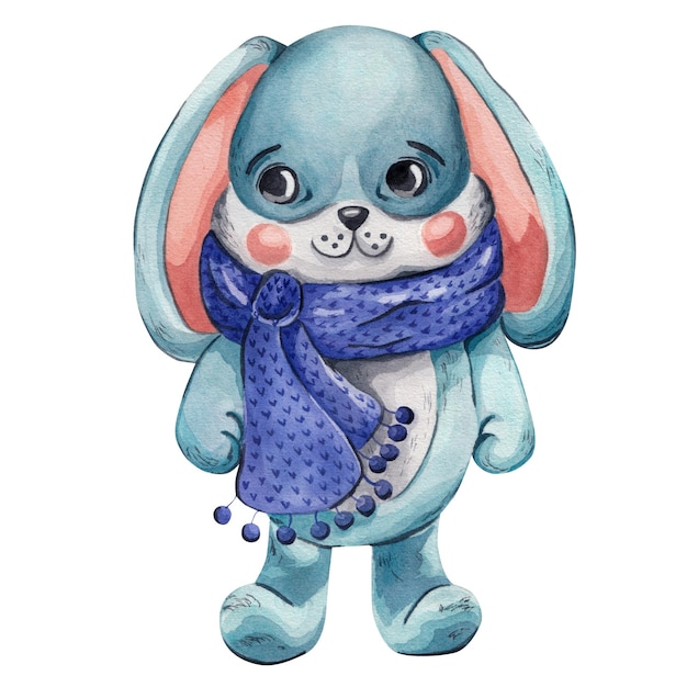 Un mignon lapin bleu dans une écharpe bleue Illustration à l'aquarelle
