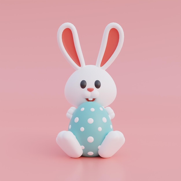 Un mignon lapin de dessin animé et des œufs de Pâques isolés sur un fond rose Joyeux jour de Pâque Célébration internationale du printemps 3d rendu