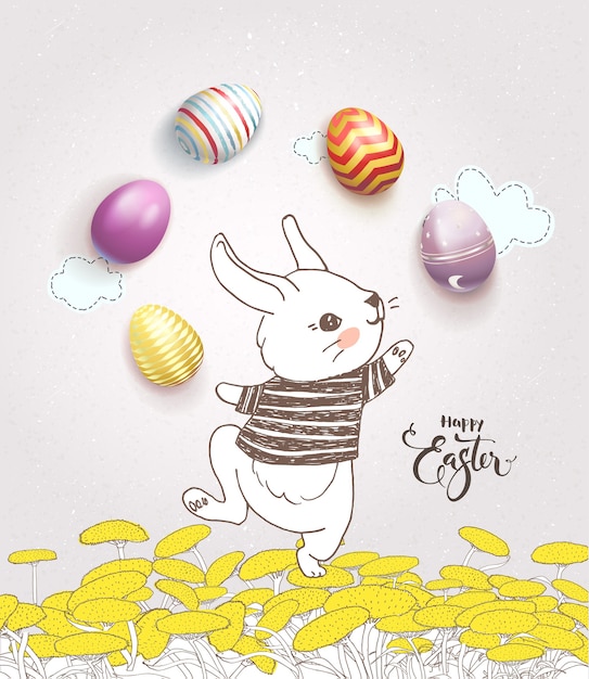 Mignon lapin dessiné à la main vêtu d'un t-shirt rayé jonglant avec des œufs colorés sur un champ de pissenlit et souhait manuscrit de Joyeuses Pâques sur fond rose avec des nuages. Illustration vectorielle de vacances.