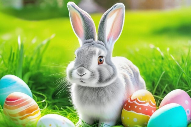 Photo un mignon lapin gris sur l'herbe verte parmi les œufs de pâques colorés un jour de printemps ensoleillé