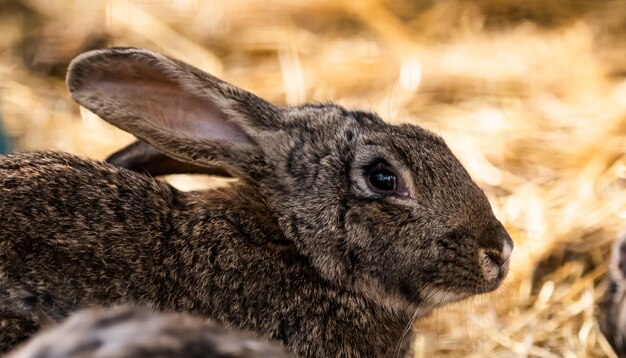 Mignon lapin lièvre mandchou assis sur le foin sec jaune doré natureon et regardant en arrière